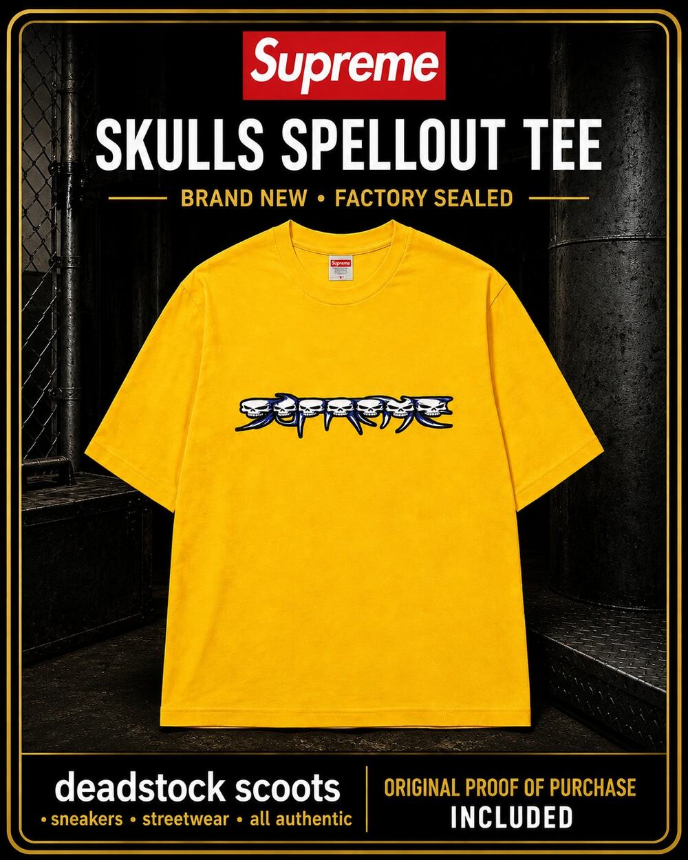 Supreme Skulls Spellout Tee Yellow XL Graphic T-Shirt